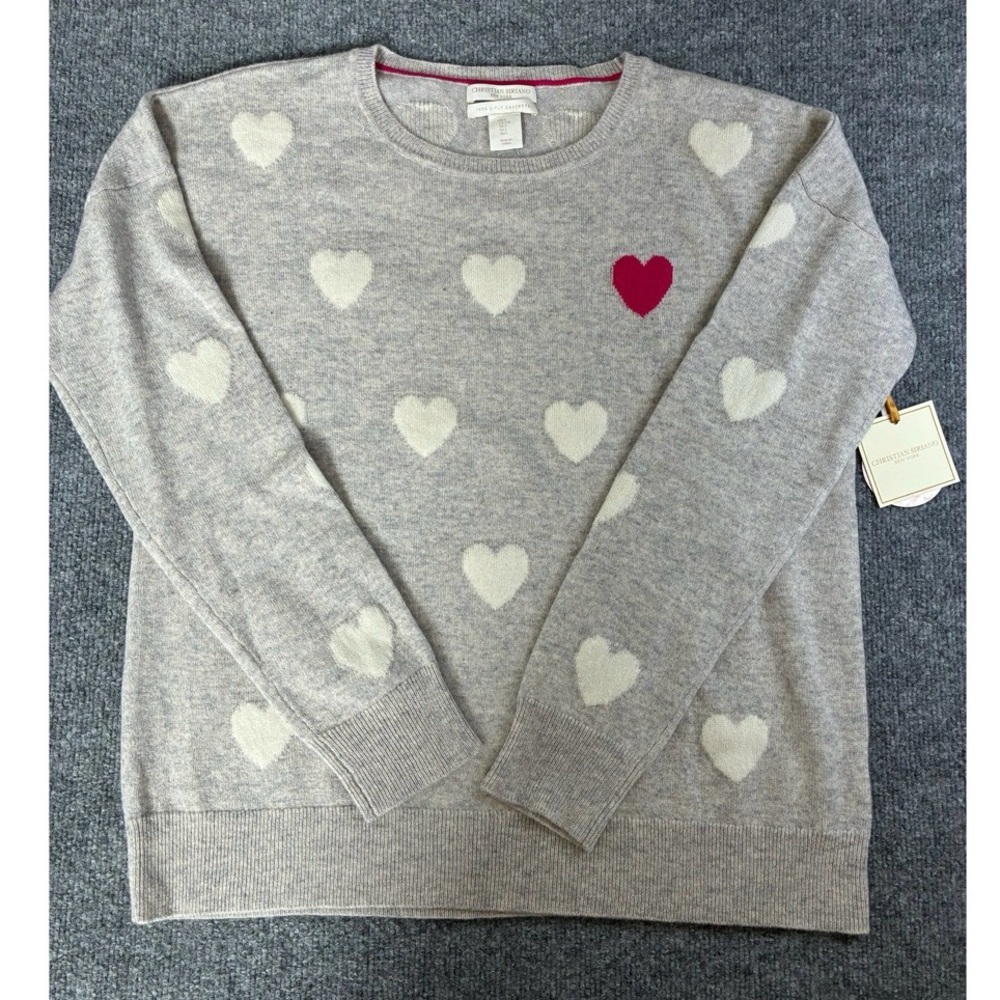 Christian Siriano Gray Crewneck Sweater with White Hearts and Pink Accent